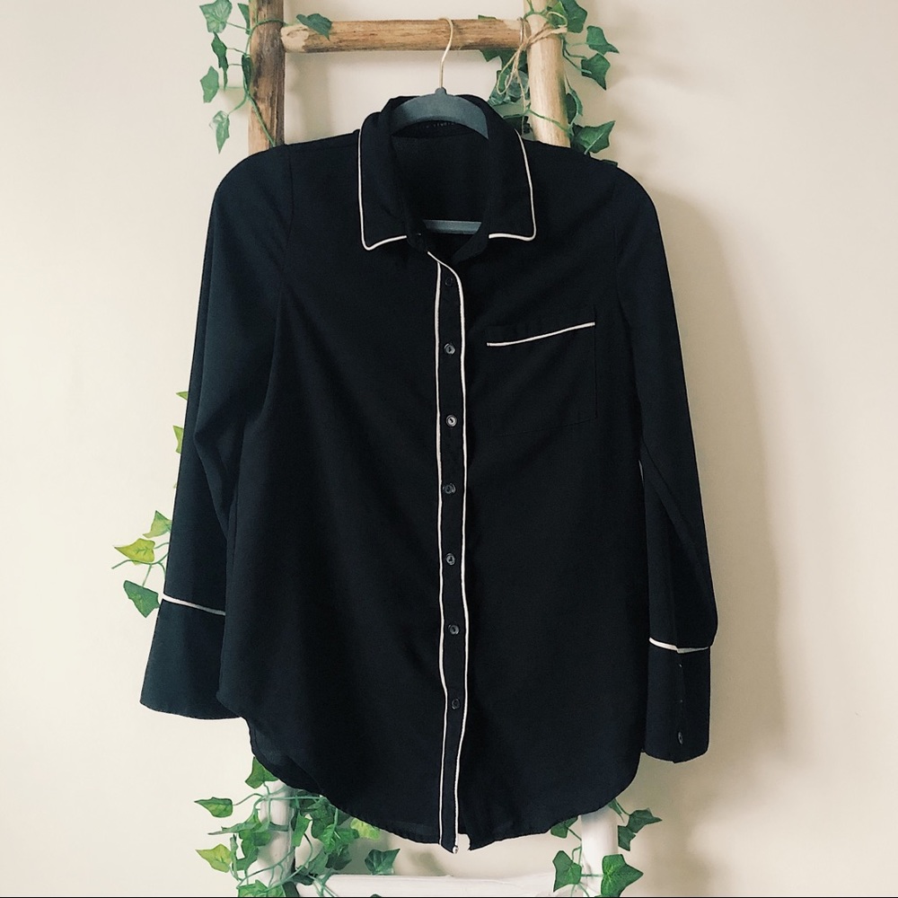 Ecru Studios Pajama Trim Button Down Blouse M